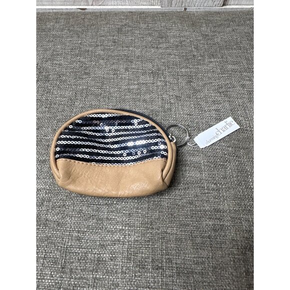 Charming Charlie Womens Girls Keychain Coin Purse Tan & Black Sequin Stripes - Picture 1 of 6